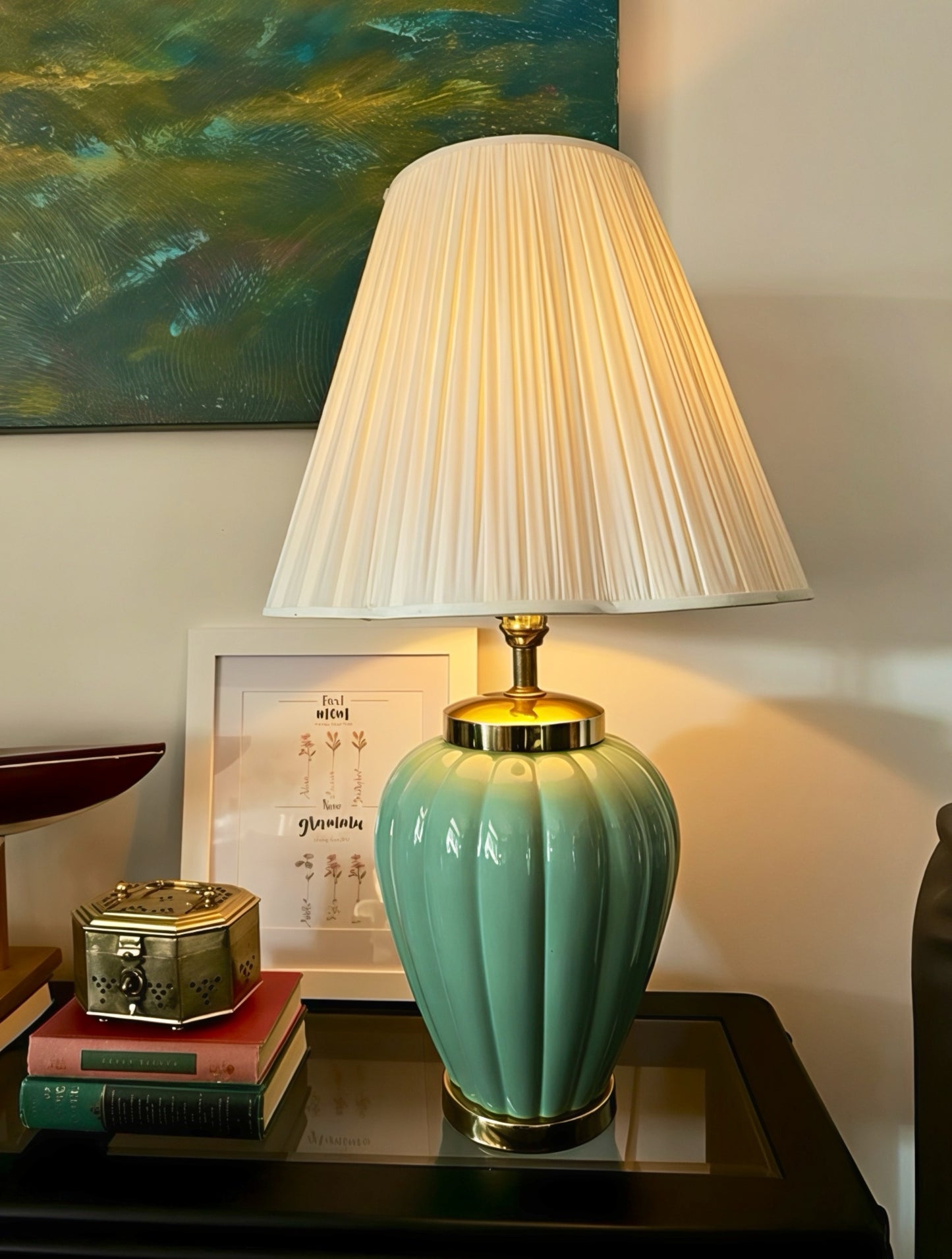 Vintage Pleated Shade Table Lamp – Teal Ribbed Ceramic Base with Gold Accents (32”H × 18”W)