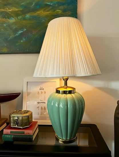 Vintage Pleated Shade Table Lamp – Teal Ribbed Ceramic Base with Gold Accents (32”H × 18”W)