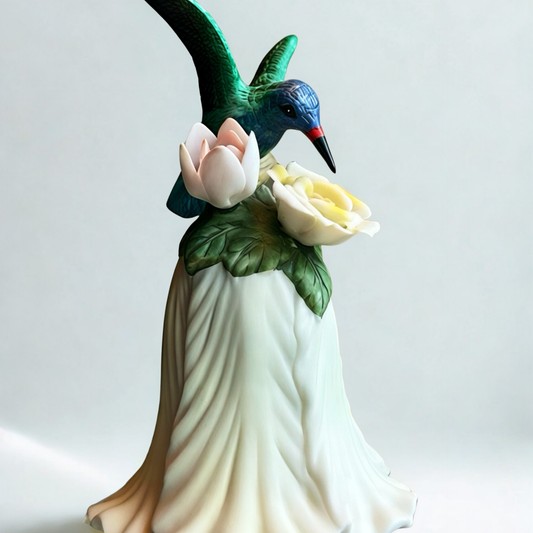 Vintage Porcelain Hummingbird Bell with Hand‑Formed Flowers — Blue‑Green Bird Figurine — Pristine Condition