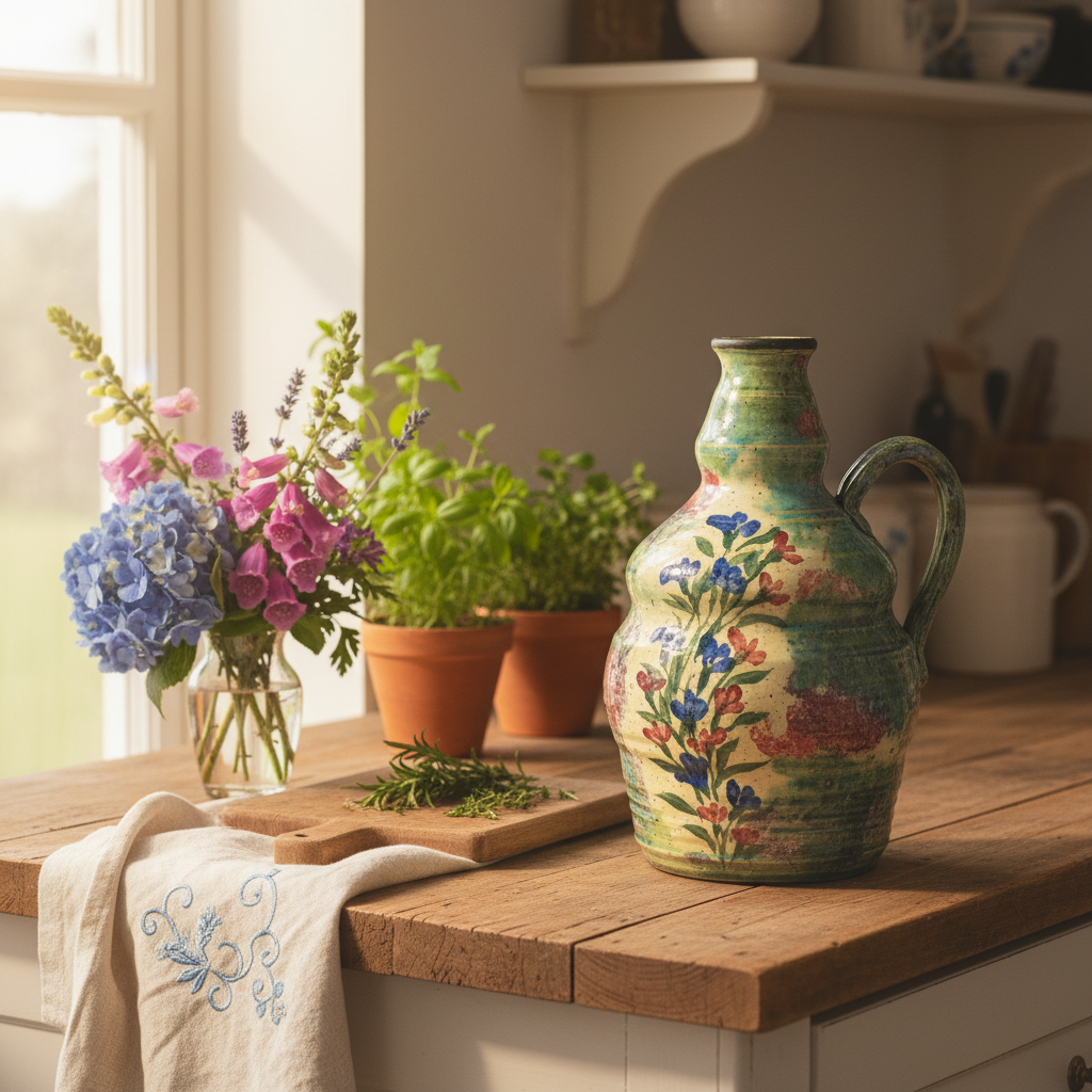 Handmade Stoneware Jug — Marbled Glaze & Floral Detail