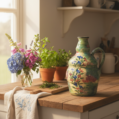 Handmade Stoneware Jug — Marbled Glaze & Floral Detail