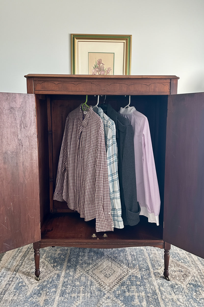 Wooden wardrobe with clothes hanging inside, on a patterned rug.