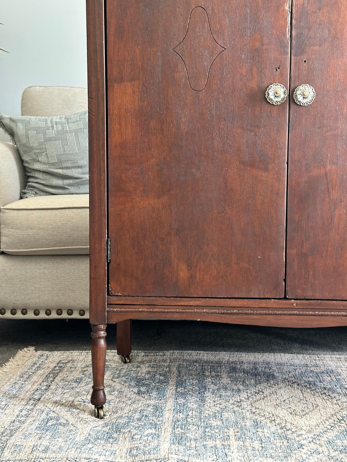 Antique Wardrobe Armoire — Early 20th Century Transitional, Tudor Revival Detail, Restored
