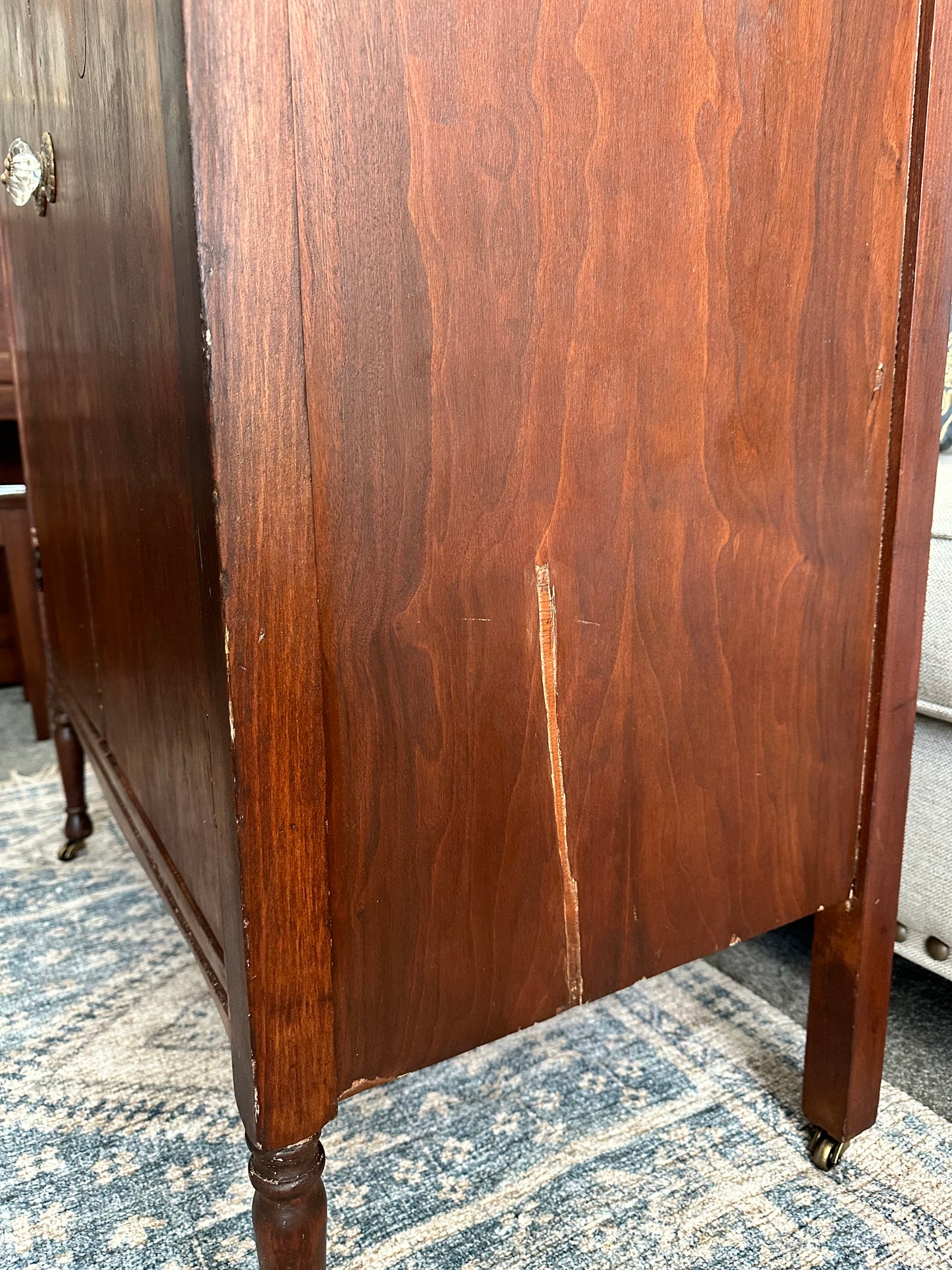 Antique Wardrobe Armoire — Early 20th Century Transitional, Tudor Revival Detail, Restored