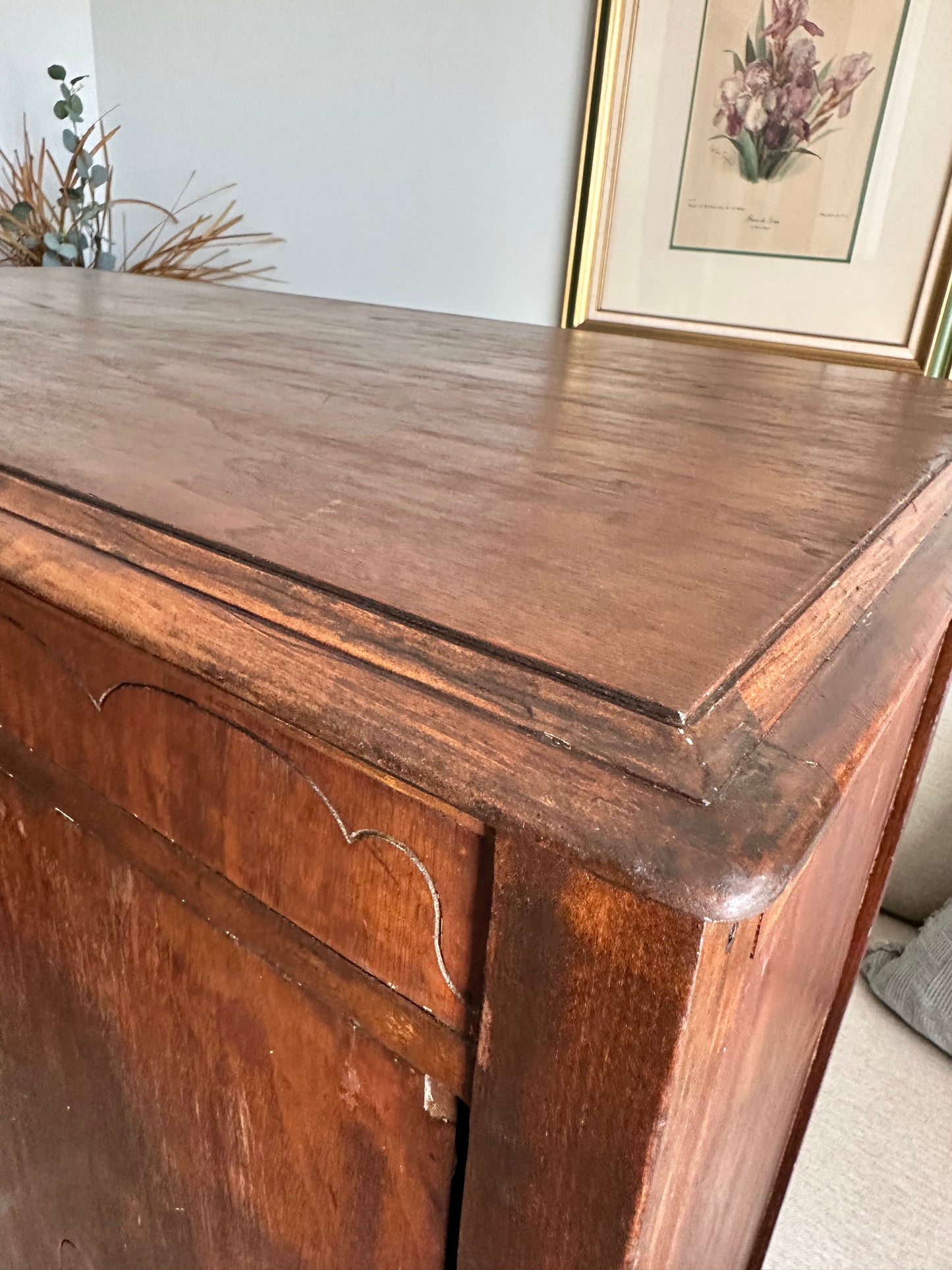 Antique Wardrobe Armoire — Early 20th Century Transitional, Tudor Revival Detail, Restored