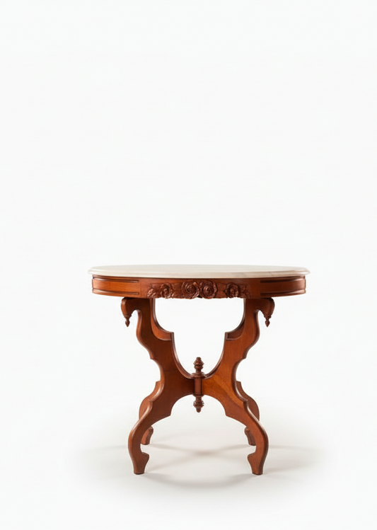 Vintage Mid-Century Victorian Revival Parlor Table | Genuine Mahogany & Carved Marble Top