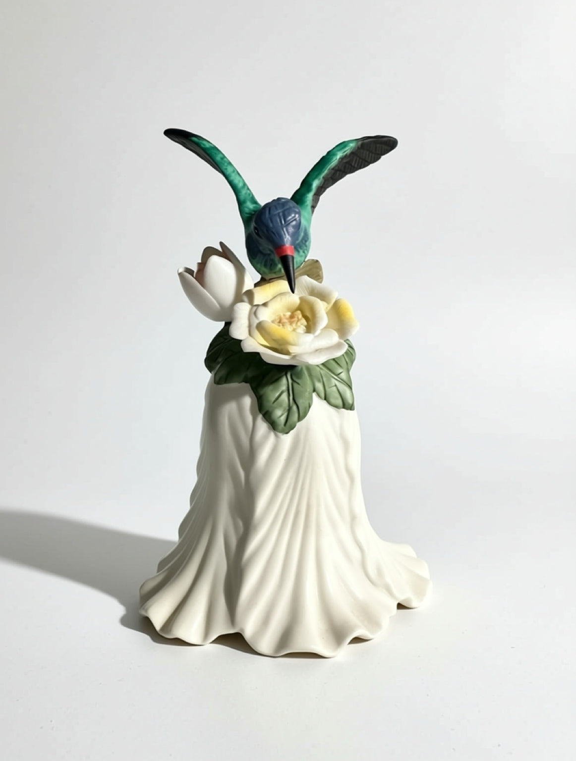 Vintage Porcelain Hummingbird Bell | Hand-Formed Flowers & Blue-Green Bird Figurine