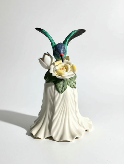 Vintage Porcelain Hummingbird Bell | Hand-Formed Flowers & Blue-Green Bird Figurine