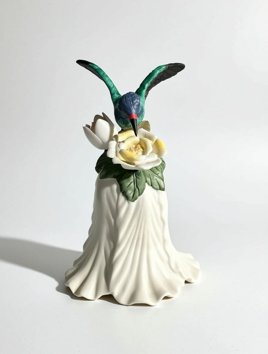 Vintage Porcelain Hummingbird Bell | Hand-Formed Flowers & Blue-Green Bird Figurine