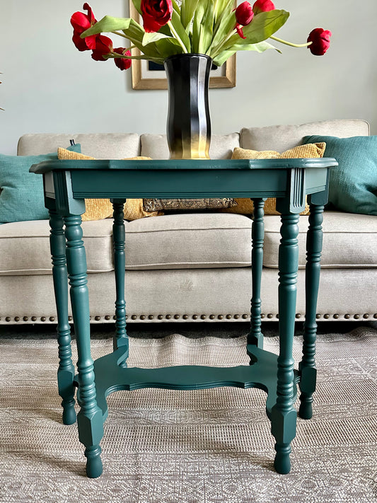 Vintage teal side table, wood material, elegant design with turned legs, perfect for living room decor.