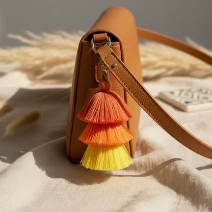 A tan leather shoulder bag with a tiered tassel charm in orange, orange-pink, and yellow, resting on a beige fabric surface with dried grass and a small white decorative object in the background.