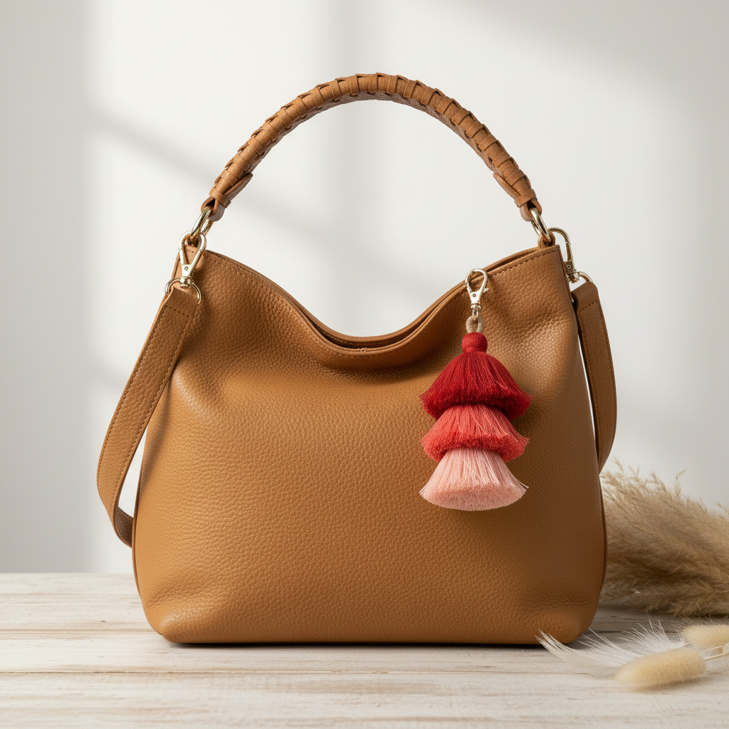 Brown handbag with red and pink tassel on a light wooden surface