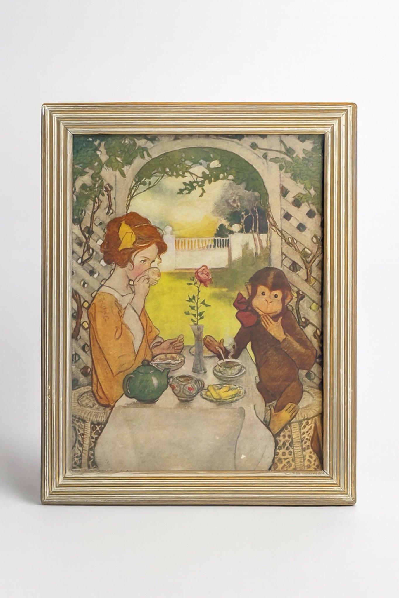 Jessie Willcox Smith Vintage Art Print – Tea Party Scene (14x11, Antique Gold & White Frame)