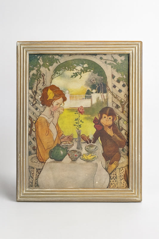 Jessie Willcox Smith Vintage Art Print – Tea Party Scene (14x11, Antique Gold & White Frame)