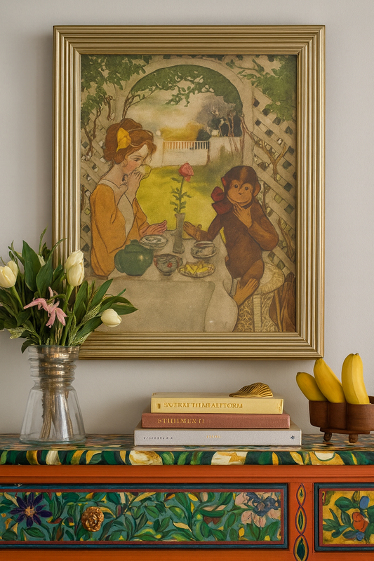 Jessie Willcox Smith Vintage Art Print – Tea Party Scene (14x11, Antique Gold & White Frame)