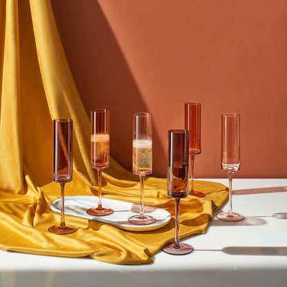 Venus Champagne Flute Glasses Set of 6 | Fortuna Multicolor Stemware 6oz | Khen