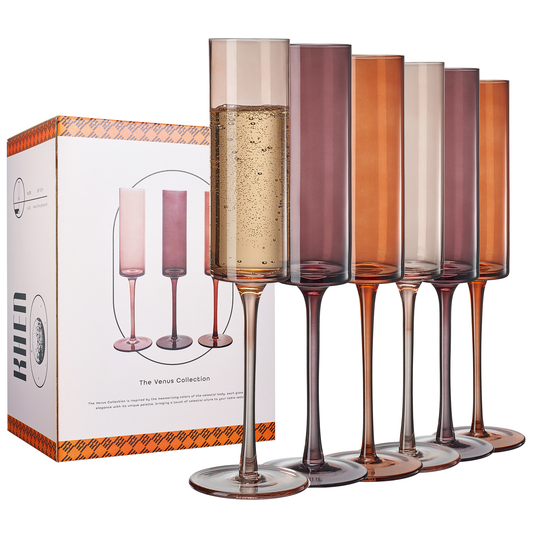 Venus Champagne Flute Glasses Set of 6 | Fortuna Multicolor Stemware 6oz | Khen
