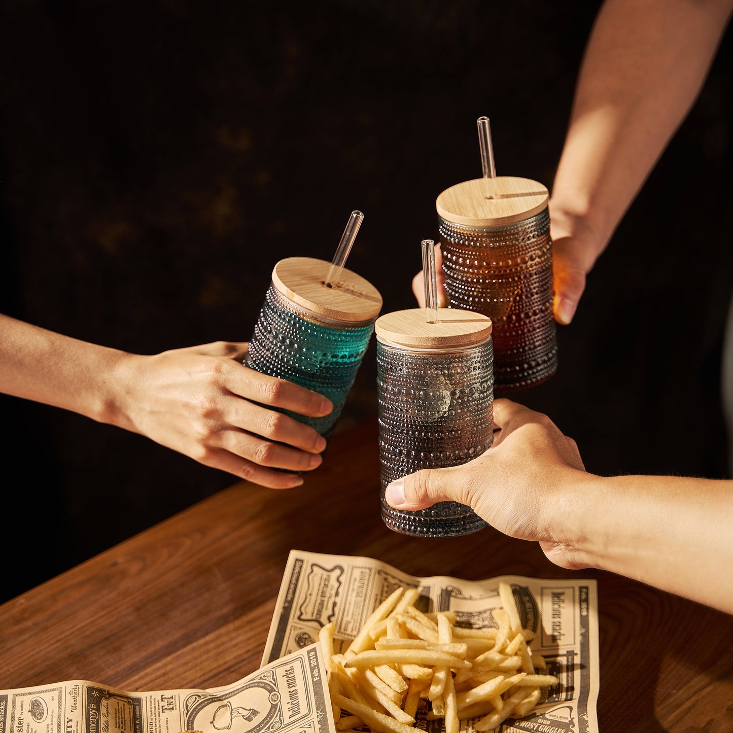 Vintage-Style Tonal Hobnail Highball Glasses with Lids & Glass Straws - Set of 6