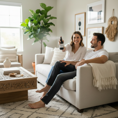 Man and woman sitting on a couch in a living room, holding a bottle  of room spray together.