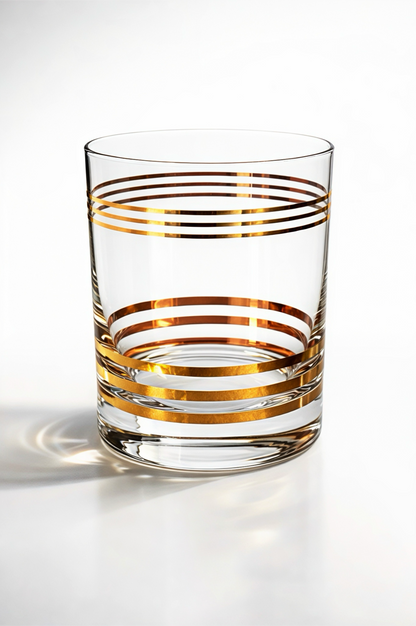 Clear glass with gold stripes on a white background  Mid-Century Modern Hand-Blown Gold Banded Rocks Glasses | Set of 2