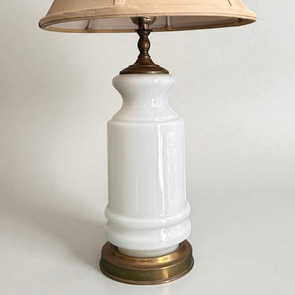 Vintage Milk Glass Table Lamp with Brass Accents & Flared Shade