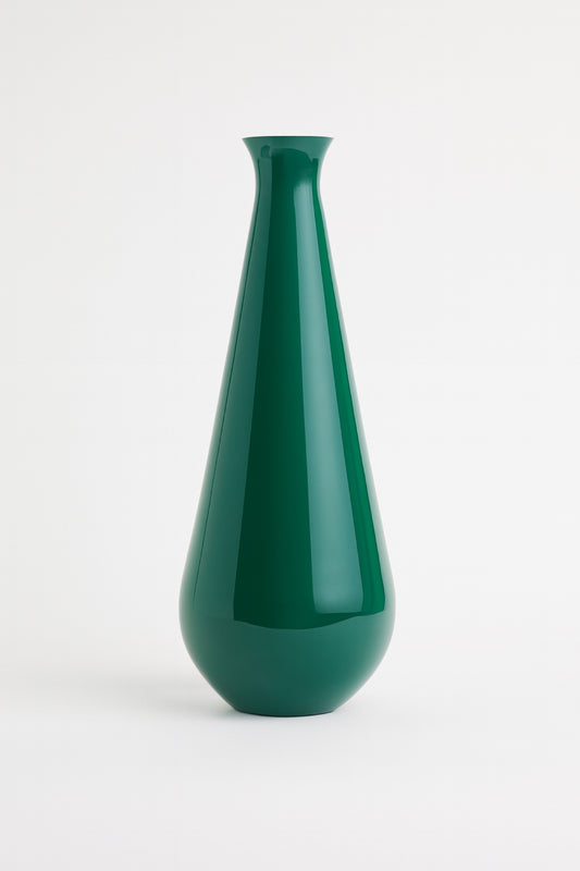 Modern glossy green vase with smooth reflective enamel finish, standing upright on a white backdrop.
