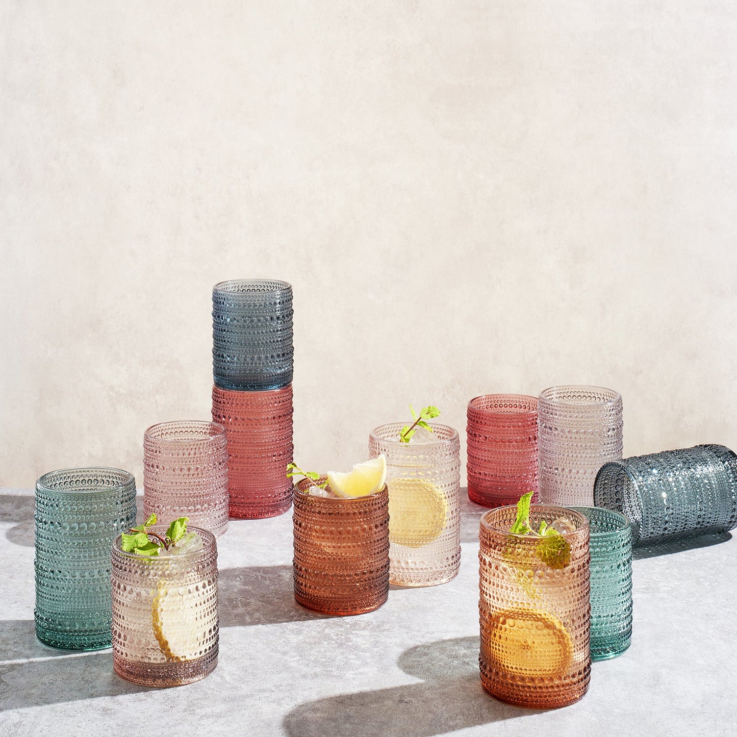 Tonal Hobnail Highball & Lowball Glasses Set of 12 | Mixed Barware Collection | Khen