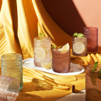 Tonal Hobnail Highball & Lowball Glasses Set of 12 | Mixed Barware Collection | Khen
