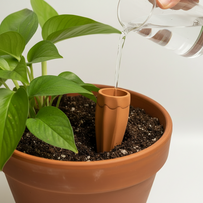 Natural Terracotta Slow-Drip Watering Spikes Person watering a potted plant with a transparent watering can on a white background