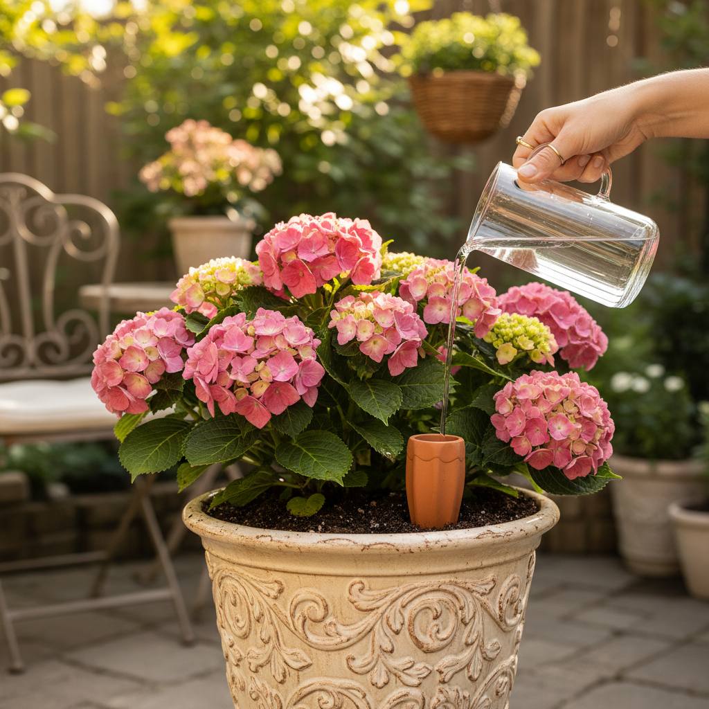 Person watering a potted pink hydrangea plant in a garden setting