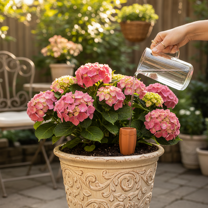 Person watering a potted pink hydrangea plant in a garden setting