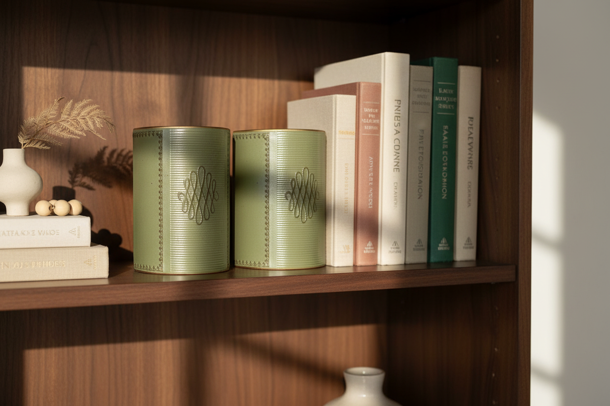 Pair of sage green leather bookends styled on a dark wood shelf next to vintage books and a small ceramic vase in warm natural sunlight.