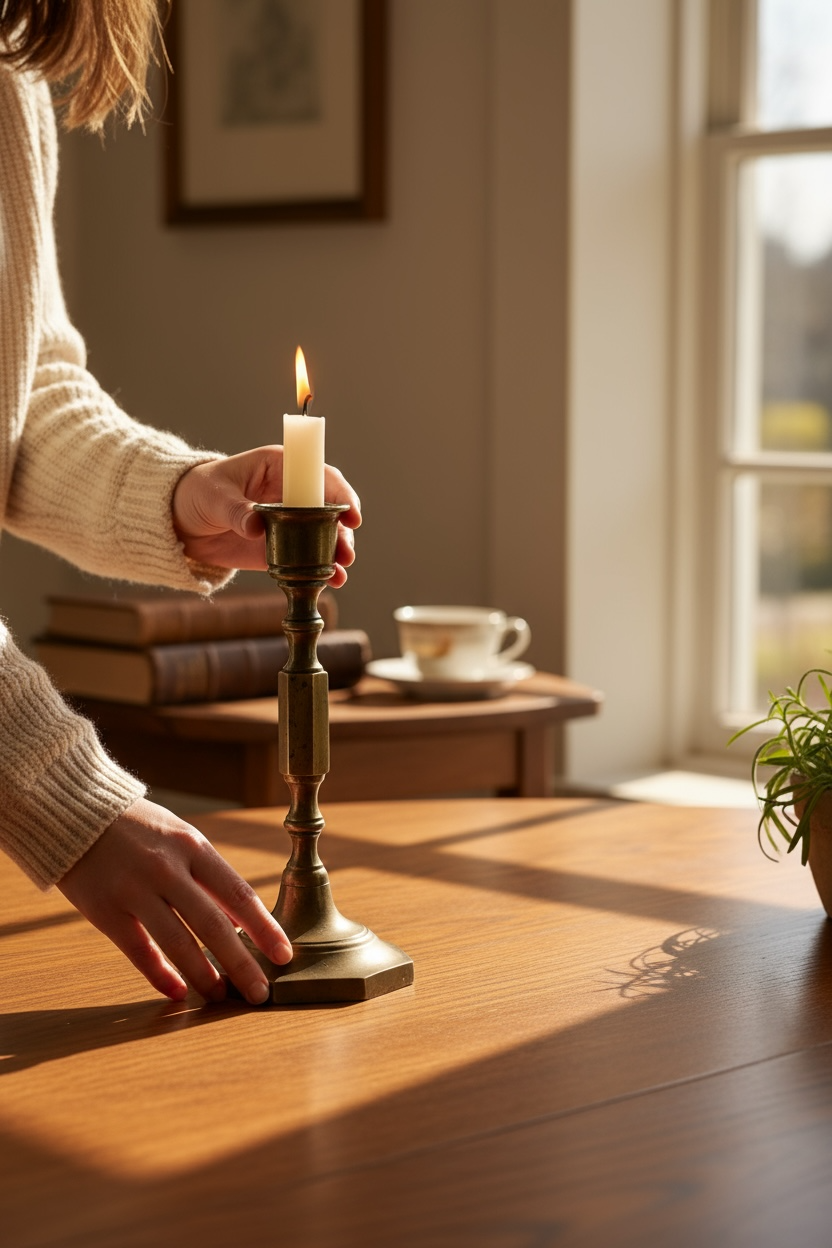 Person lighting a candle in a wooden holder on a table with a warm interior setting.

