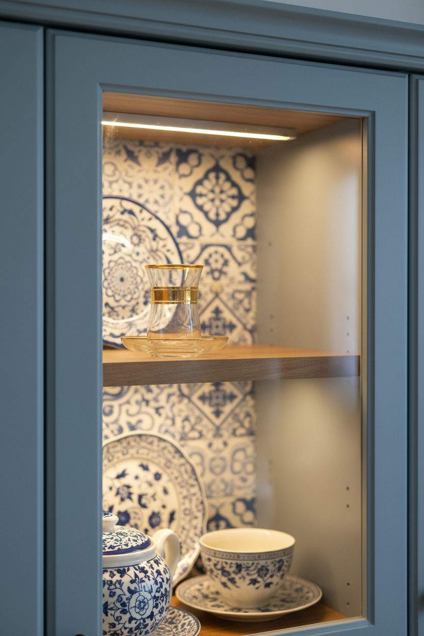 Cupboard with decorative plates and a teacup inside, featuring Vintage Turkish Tea Glass & Saucer Set – Gold Rimmed Tulip Silhouette patterns.