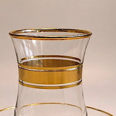 Clear glass tumbler with gold band on a matching glass coaster against a neutral background