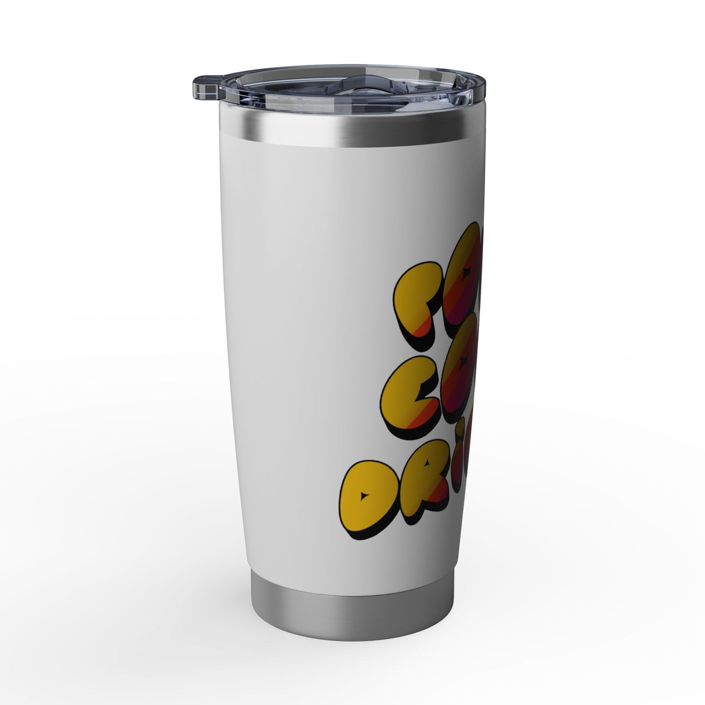 White tumbler with colorful text design on a white background