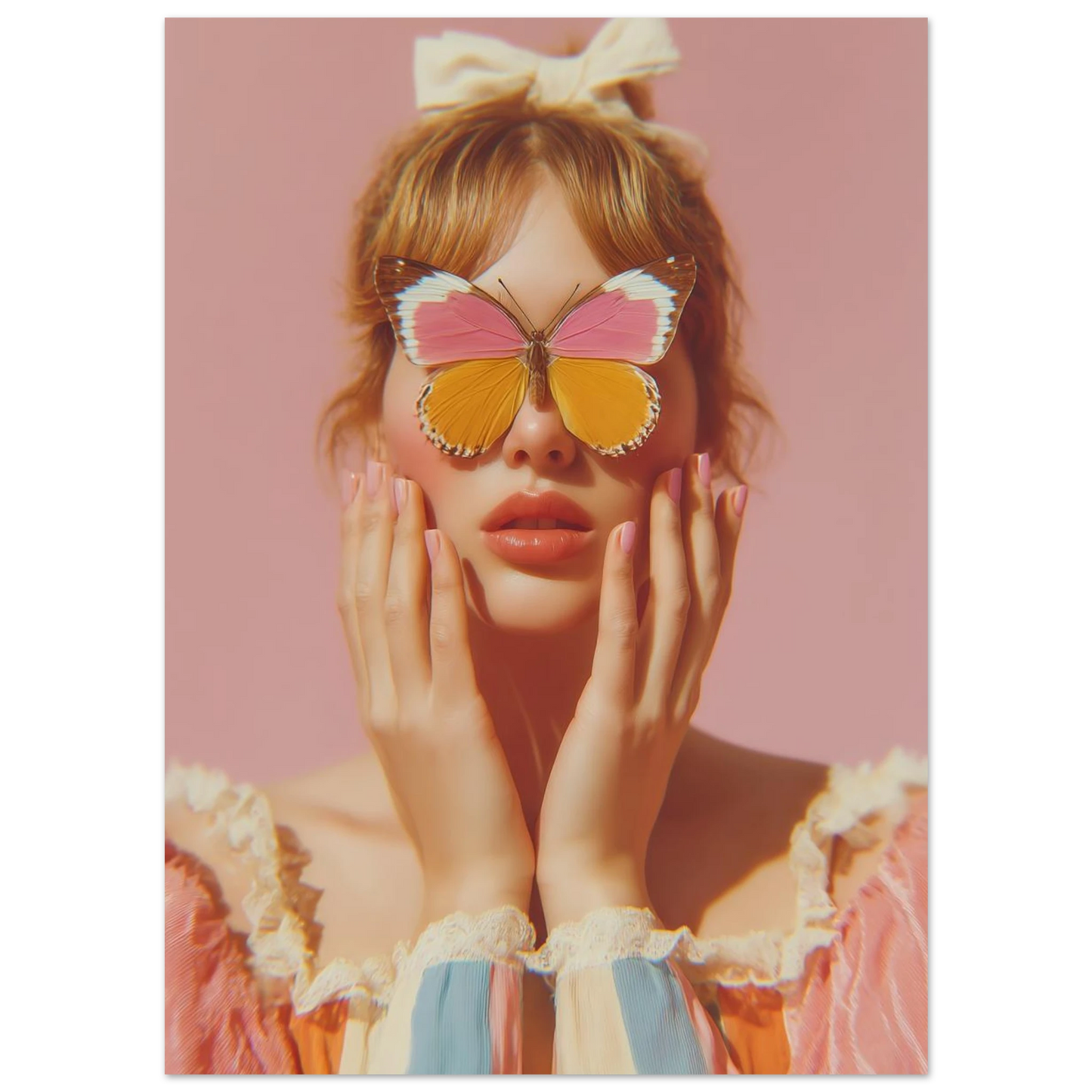Woman with a butterfly on her face against a pink background