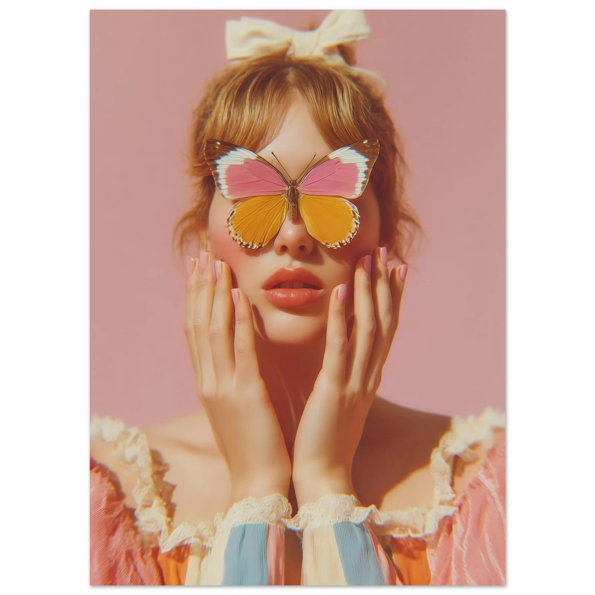 Woman with a butterfly on her face against a pink background