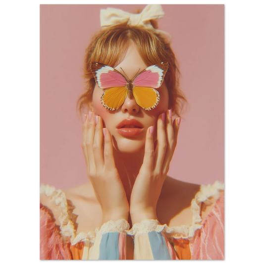 Woman with a butterfly on her face against a pink background