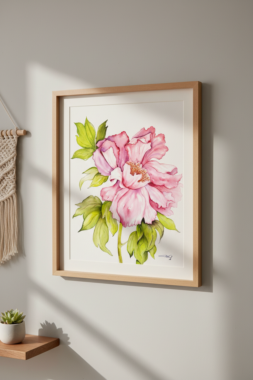 Framed artwork of a pink flower on a wall with a macrame hanging and plant below.