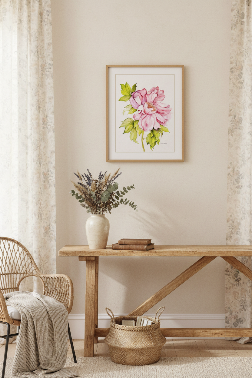 Floral painting on a wall above a wooden table with decor items.