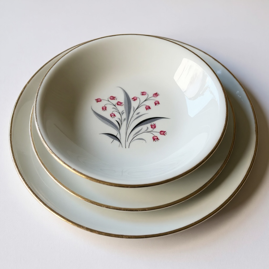 Stack of ceramic plates with floral design on a white background


