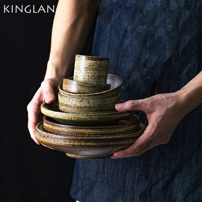 Handmade Japanese Stoneware Dinnerware Set - Artisan Round Plates & Bowls