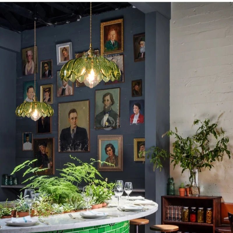 Green Glass LED Pendant Light - Vintage-Inspired Hanging Fixture