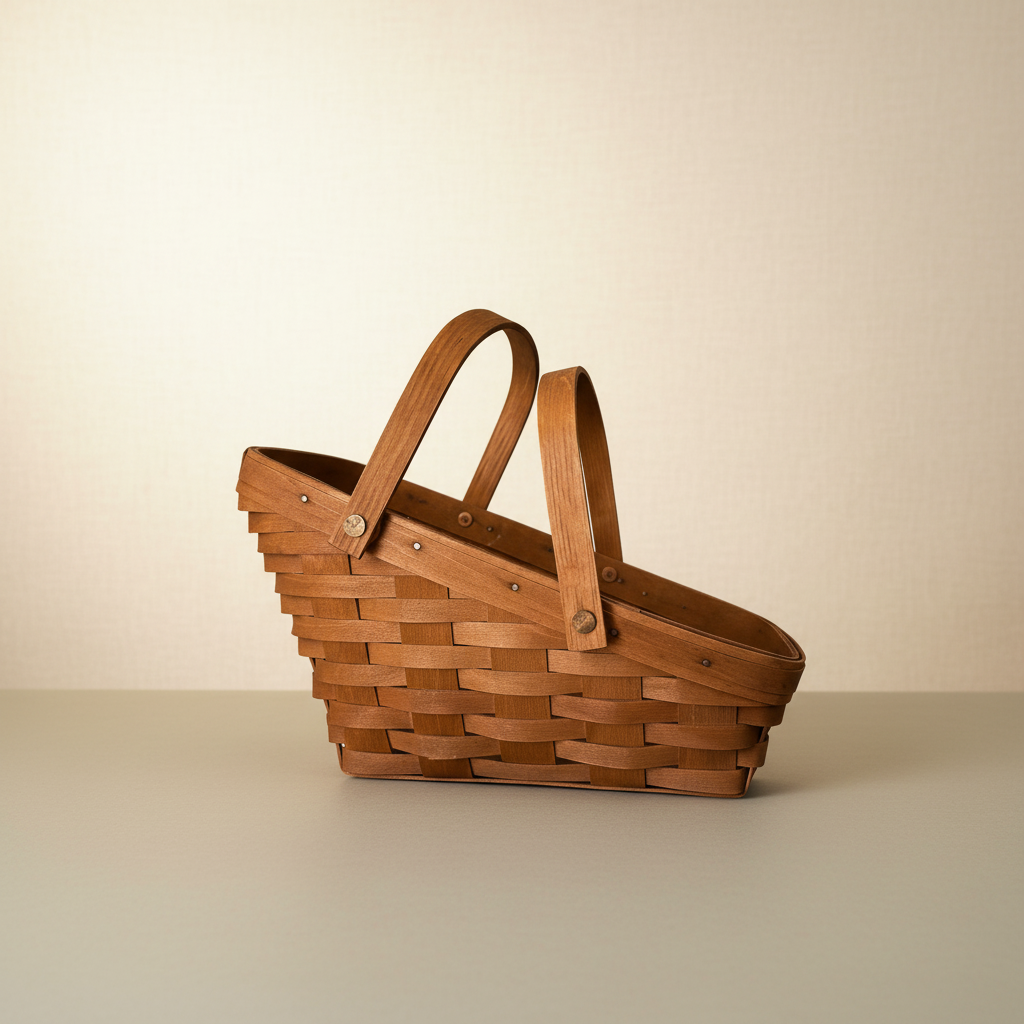 Side view of a vintage handwoven Longaberger wood splint basket with a slanted rim and dual upright handles.