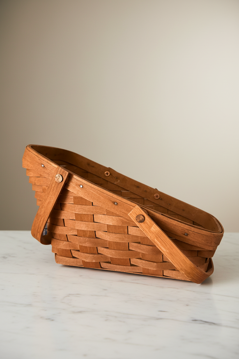 Side view of the slanted handwoven Longaberger basket with its dual moveable wood handles folded down along the rim.