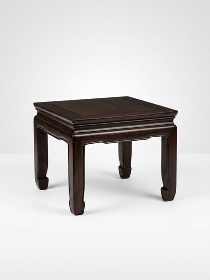 Square dark hardwood Ming-style low table with traditional inward-curving horse-hoof feet and a waisted apron frame, isolated on a clean white background.