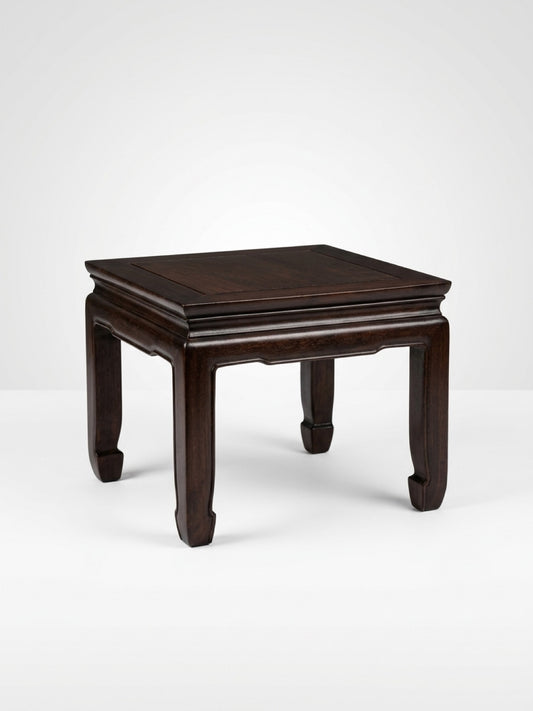 Square dark hardwood Ming-style low table with traditional inward-curving horse-hoof feet and a waisted apron frame, isolated on a clean white background.