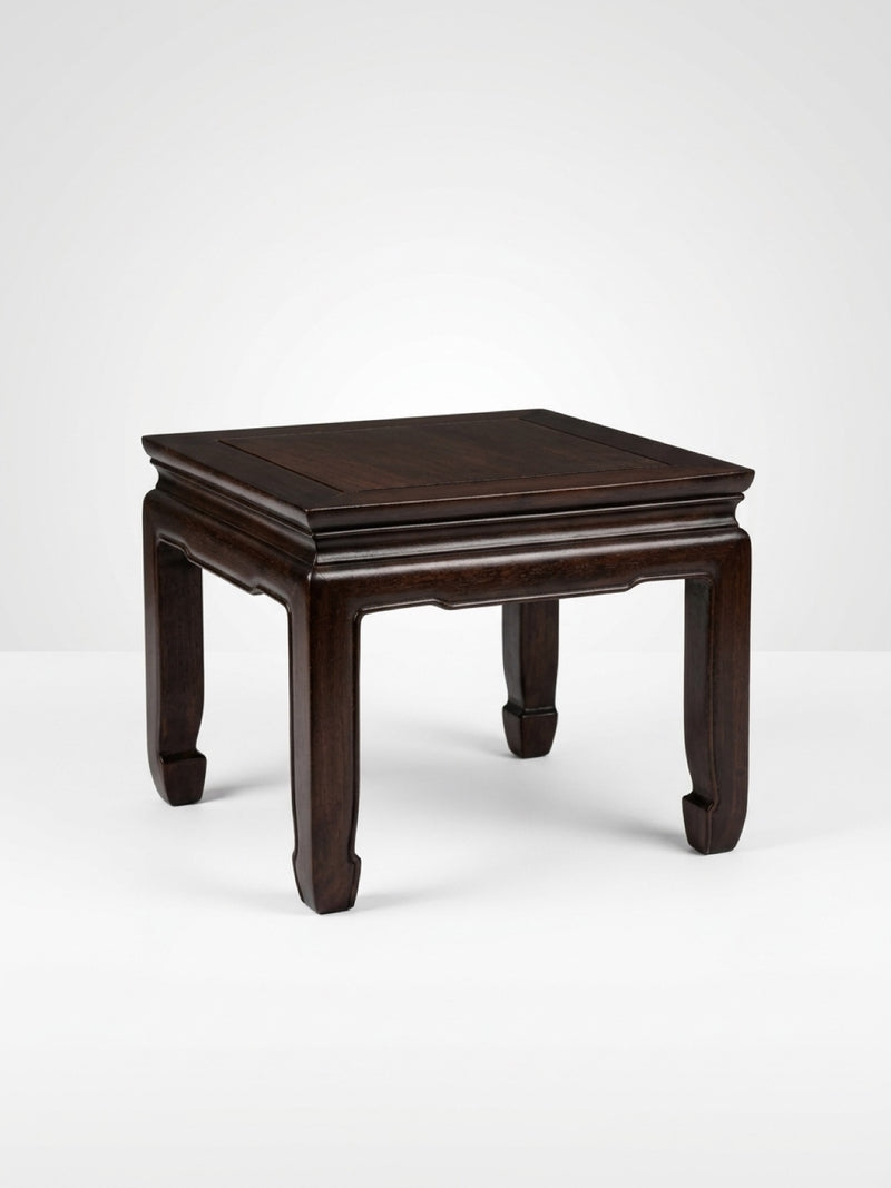 Square dark hardwood Ming-style low table with traditional inward-curving horse-hoof feet and a waisted apron frame, isolated on a clean white background.