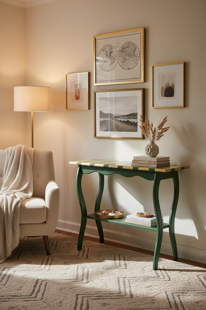 History and high design meet in this Maximalist Collector’s Nook. Our curated statement piece, finished with hand-applied gold leaf stripes, proves that old, unrefined pieces truly are the best.